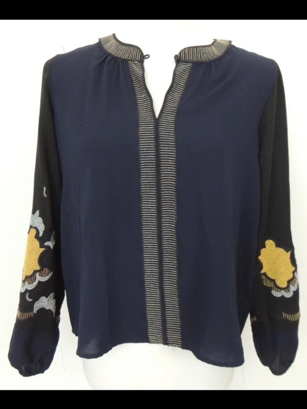 Vanessa Virginia Navy Peasant Blouse with Embroidered Puff Sleeves